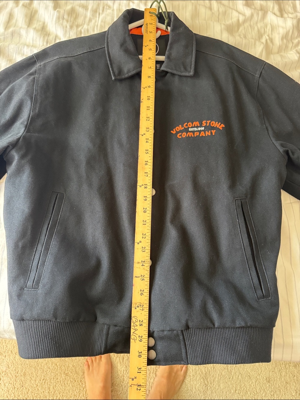 Volcom Black Canvas Bomber Jacket with Orange Logo Patch